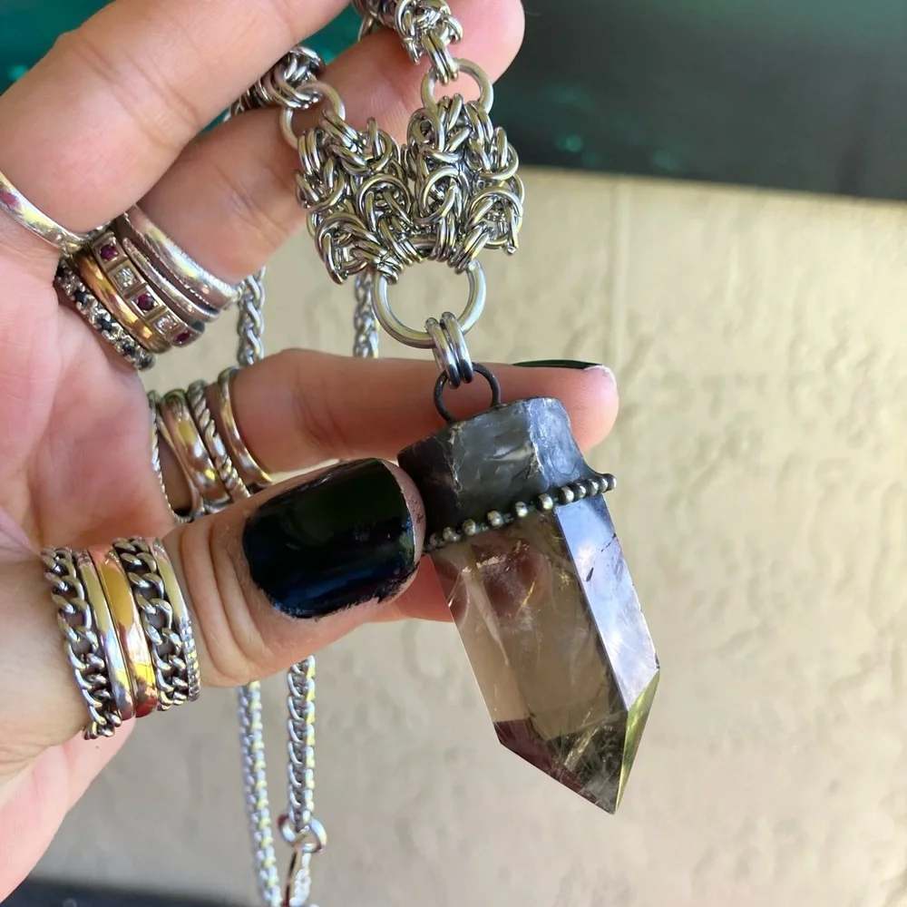 Handmade big raw black Smokey crystal quartz maille silver boho goth necklace - Picture 6 of 16